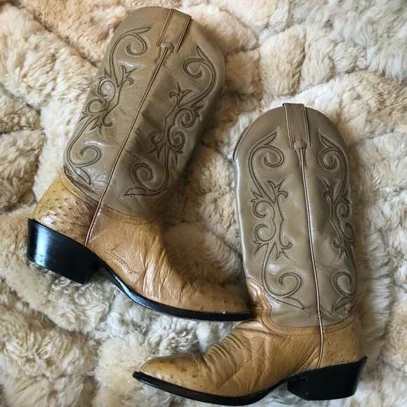 Cowboy boots 9.5/10 women 8D mens tan beige ostrich vintage - Picture 5 of 8